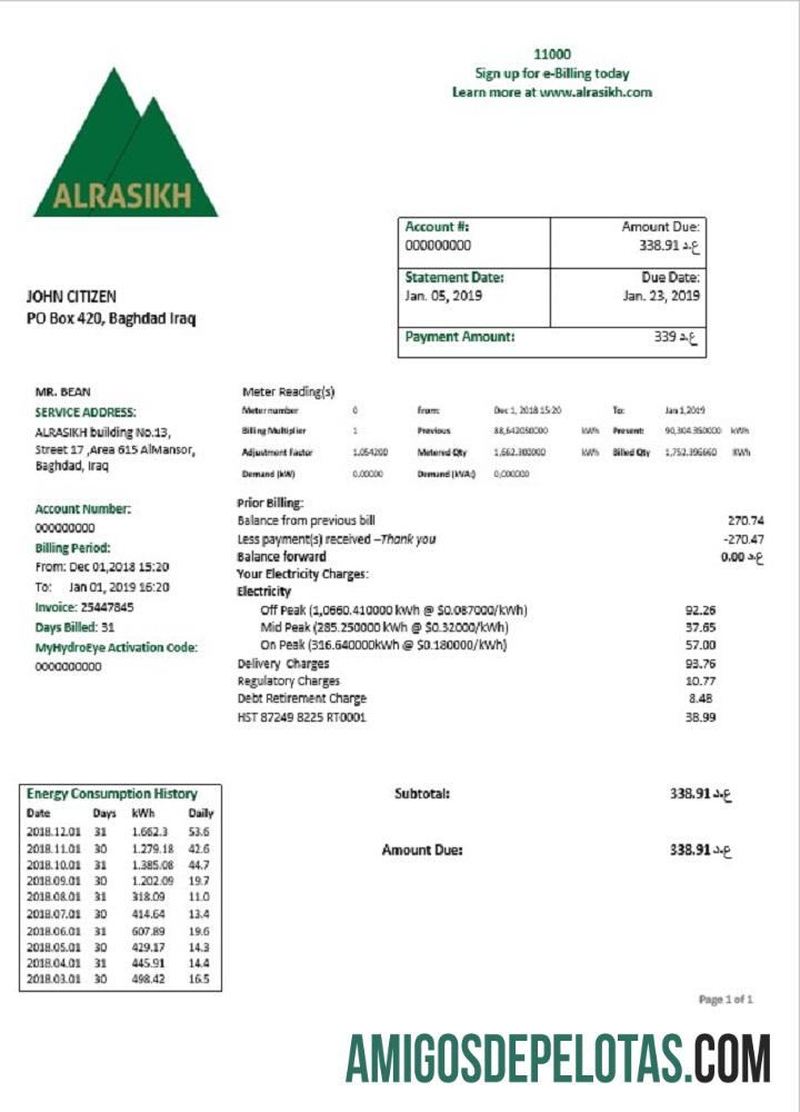 Projeto de lei de serviços públicos de eletricidade AlRasikh do Iraque exemplo